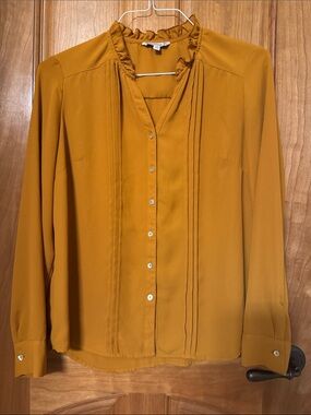 Nanette Lapore Mustard Ruffle Collar Button-Front Blouse M Like New